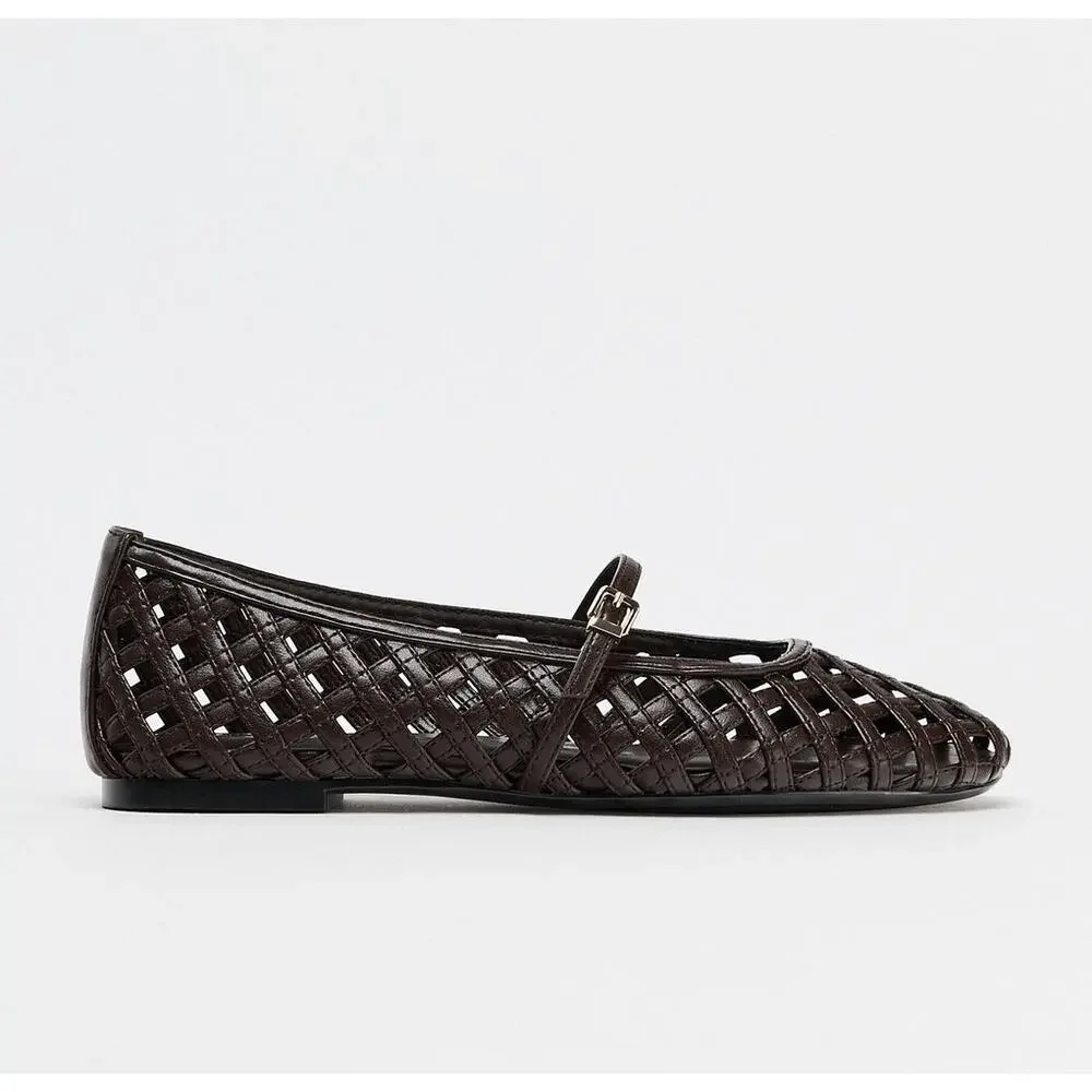 Zara Dark Brown Woven Mary Jane Flats - Picture 9 of 14